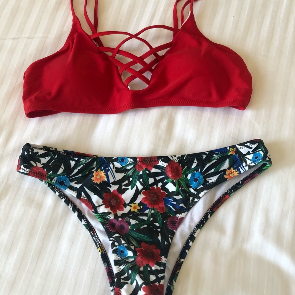 Red and floral bikini